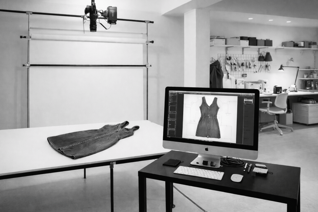 Denim dress design displayed on a computer monitor in a fashion studio workspace